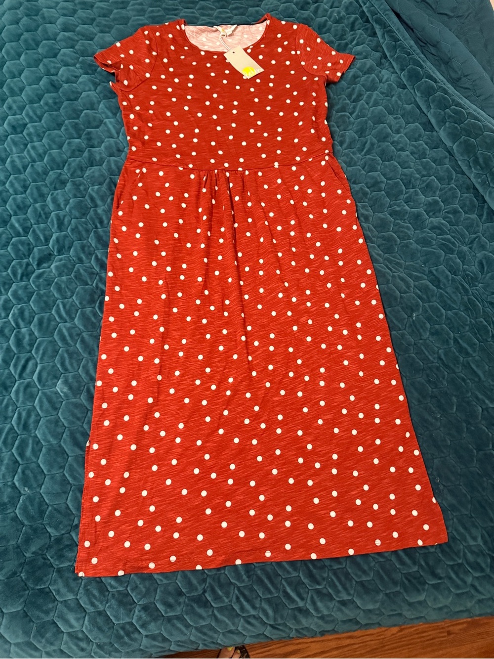 Boden Rust Midi Size 12 R Polka Dots Short Sleeve Casual Dress with Pockets
